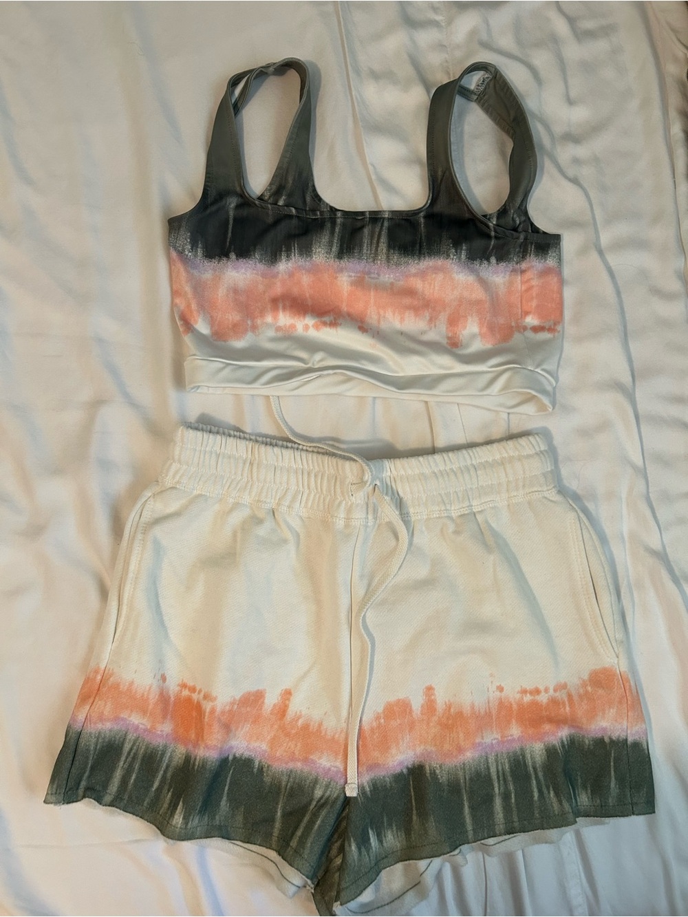 Gianni Bini Tie-Dye Athletic Shorts in Olive, Peach & Cream